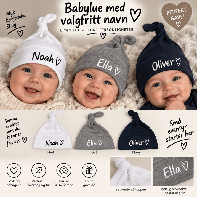 Hovedbilde Baby lue hvit med navn